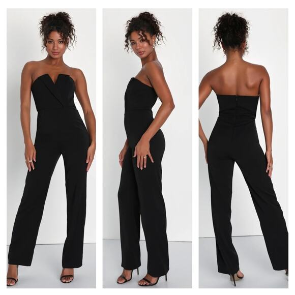Lulu's Striking Attitude Black Strapless Surplice Jumpsuit Medium Black - Picture 1 of 6
